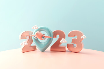 New Year 2023 3d text with airplane flying over the map pin. Around the world traveling by plane, 3d rendering, travel concept.