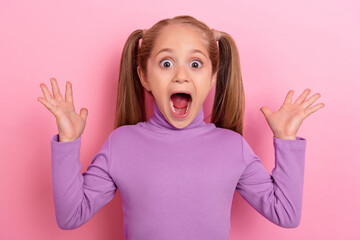 Photo of young crazy impressed little girl see huge sales bargain on black friday isolated on pink color background - Powered by Adobe