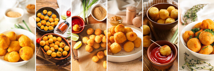 Set of tasty croquettes with tomato sauce on table, closeup