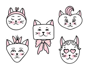 Cat face set, girls. Vector Illustration for printing, backgrounds, covers, packaging, greeting cards, posters, stickers, textile and seasonal design. Isolated on white background.