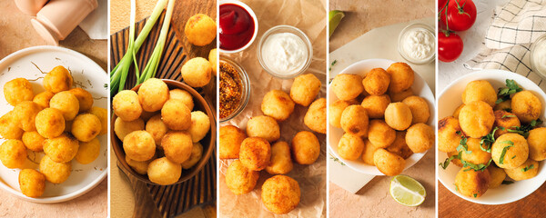 Collage of tasty croquettes on table, top view