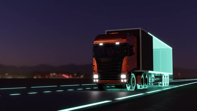 futuristic truck with a trailer is driving along a night road.
