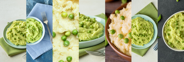 Collage with tasty mashed potato with green peas