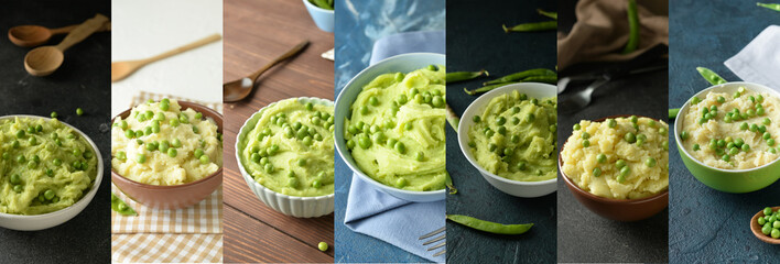 Collage with tasty homemade mashed potato with green peas