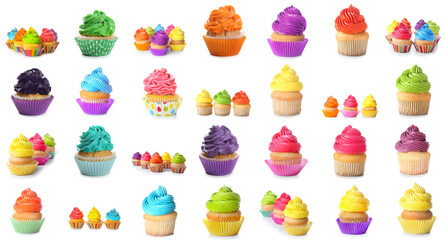 Set of colorful cupcakes isolated on white