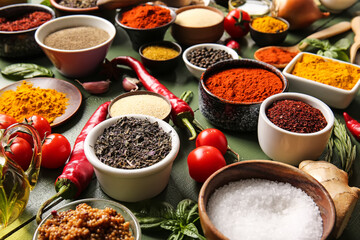 Assortment of fresh aromatic spices on color wooden background