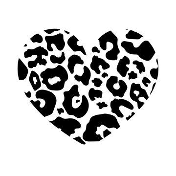 Heart shape with Leopard print texture. Abstract design element with wild animal cheetah spot skin pattern. Vector black and white textured heart for fashion print design, tag, Valentines card.