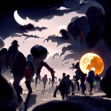 Abstract crowd of zombies walking and crawling forward