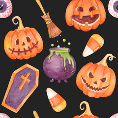 Watercolor Halloween pattern with pumpkin Jack-o-lantern, bloody eye, candy corn, broom, sweets, coffin, pot with potion. Trick or Treat. Halloween backgound