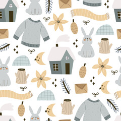 Seamless pattern with cartoon house, sweater, hare, flower,decor elements. Colorful vector flat for kids. hand drawing. baby design for fabric, print, wrapper, textile