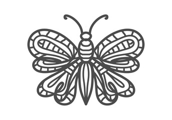 Butterfly, freehand drawing of an insect, with a black stroke, on a transparent background, for printing and coloring for children