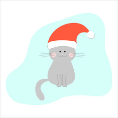 gray cat in the red hat of Santa Claus