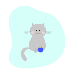 grey cat with blue Christmas ball for Christmas tree