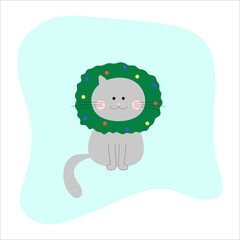 cute cat with a Christmas tree wreath on his head