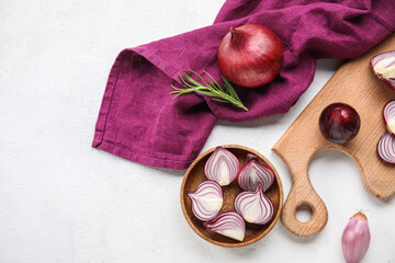 Composition with fresh red onion on light background