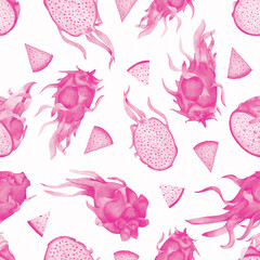 Monochrome pink watercolor dragonfruits seamless pattern