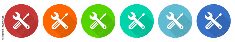 Aufkleber tools icon set, service flat design vector illustration in 6 colors options for webdesign and mobile