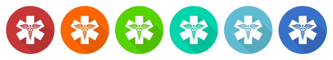 Emergency icon set, hospital flat design vector illustration in 6 colors options for webdesign and mobile applications