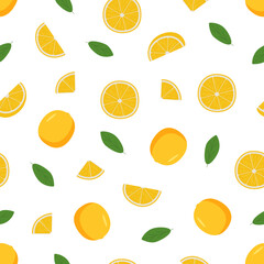 Seamless pattern cartoon oranges fruit, vector illustration of citrus wholes and slices.