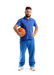 Handsome PE teacher with ball on white background
