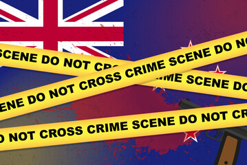 Obraz premium New Zealand armed attack vector banner, shooting news concept, armed assault with gun and blood stain on flag