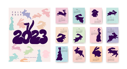 Calendar 2023 with various rabbits, planner organizer. Colorful covers and 12 month pages bunny in different styles, character mascot symbol year. Set of Flat cartoon template, cute vector hare.