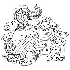 Unicorn in the clouds on the rainbow. Fun mood. Fairy tale illustration. Black illustration.
