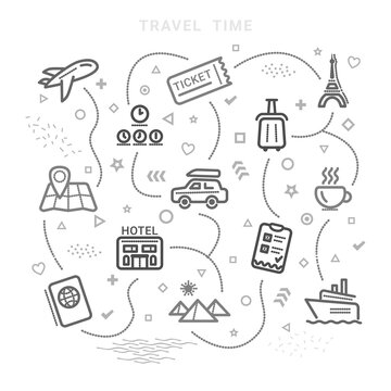 Travel, vocation ikons for web development apps, websites, infographics, design elements. Concept of travelling with train, car, cruise ship, plane, suitcase, camera, backpack, map, ticket, passport, 