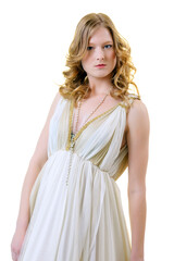 Old Fashion Model is Posing With Retro Dress on White