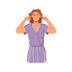 Cartoon angry caucasian woman plug ears by fingers. Person does not want to hear or listen about problems, angry caucasian lady plugs ears by fingers