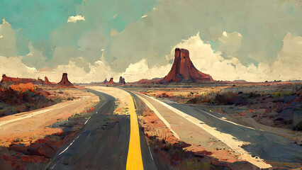 Abandoned road in the desert. Empty road, worn out, digital painting. Post apocalyptic scenery, empty-
