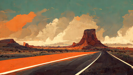 Empty route 66, usa, digital painting. Desert, valley of death. 4k Wallpaper, background. Blue sky, orange sand with an empty asphalt road. - obrazy, fototapety, plakaty