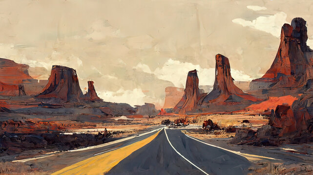 Abandoned road in the desert. Empty road, worn out, digital painting. Post apocalyptic scenery, empty-
