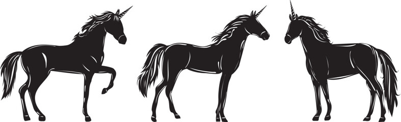 black silhouette unicorns isolated, vector