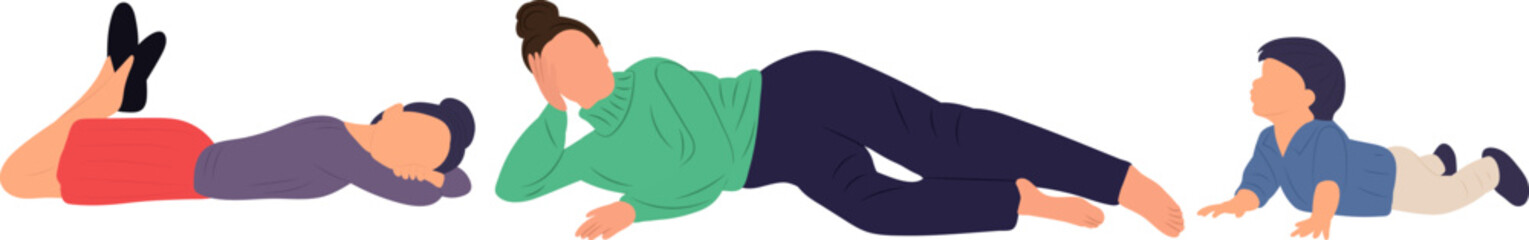 lying kids and mom in flat style isolated, vector