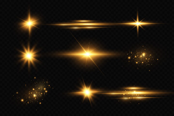 Shining golden stars. Light effects, glare, glitter, explosion, golden light. Vector illustration.