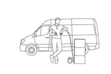 Drawing of male courier with delivery van with boxes and a hand truck isolated on white background. Line art style © rina