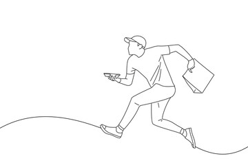 Cartoon of delivery man jumping hold craft paper packet food coffee. One line art