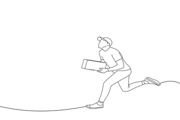Illustration of jumping delivery man carry package and send it overnight. Line art style
