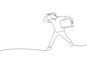 Drawing of excited delivery man running and holding parcel box. Outline drawing style art