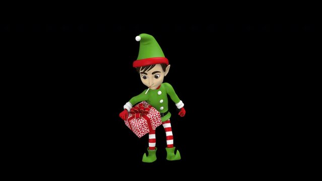 Drunken Christmas elf with bottle and gift box - 3d render looped with alpha channel.