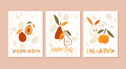 Autumn banner set. Hand drawn lettering quotes with fruits on harvest background. Autumn fruits. Vector Fall, Autumn, Thanksgiving Design elements for poster, banner, card, badge, t-shirt, print