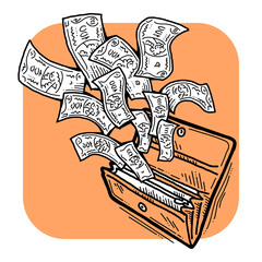 Money cash flying into and out of wallet. Income transfer, currency revenue, inflation and deflation, finance and business theme. Hand drawing illustration. Cartoon style line drawing.
