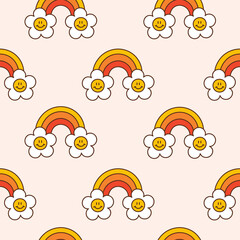Retro seamless pattern with groovy rainbow and happy daisies. Background in a warm color palette. Textile design in vintage style 60s 70s. Vector illustration.