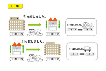 引っ越しをシンプルなイラストで表現。移転、転勤、新居購入などのお知らせにご利用ください。