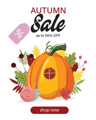 Autumn sale banner with pumpkin, snail and leaves on the background.