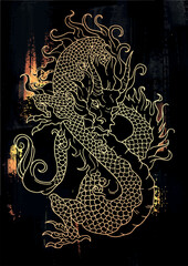 hand drawn japanese vector dragon in black and gold colours