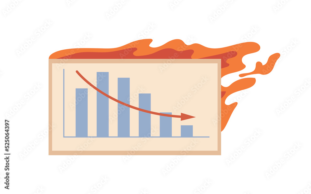 Poster Deadline of business project or urgent work to do. Isolated analytics report with charts and diagrams in fire. Burning paper symbol of problems and failure. Vector in flat style