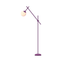 Interior design of living room or bedroom, isolated minimalist loft stand lamp. Slender and sleek model of light. Simple bulb and metal elements. Vector in flat style