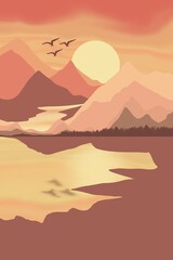 sunset on the mountain and lake digital illustration